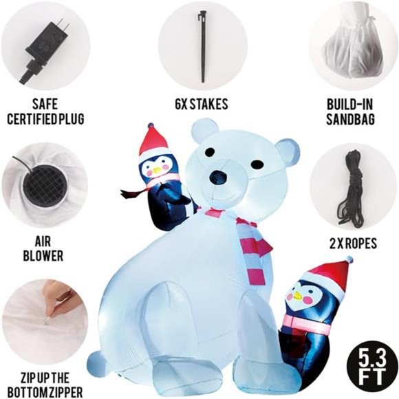5.3 FT Inflatable Polar Bear with Penguins Build-in LED Blow up Christmas Decor - Picture 6 of 6